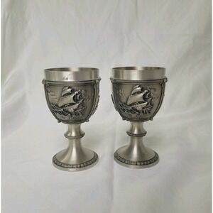 Vintage Rein Zinn German Pewter Wine Chalice Goblet Sailboat Ship Set Of Two